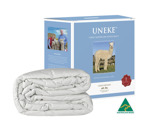 The Uneke alpaca duvet in its box, Australian made, 8-year warranty