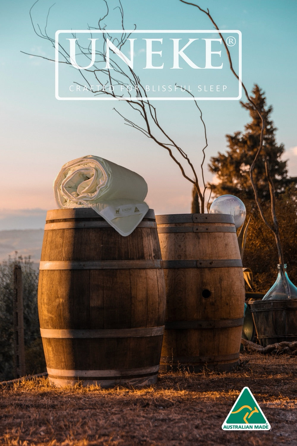 The Uneke alpaca duvet styled on wine barrels, regional Victoria